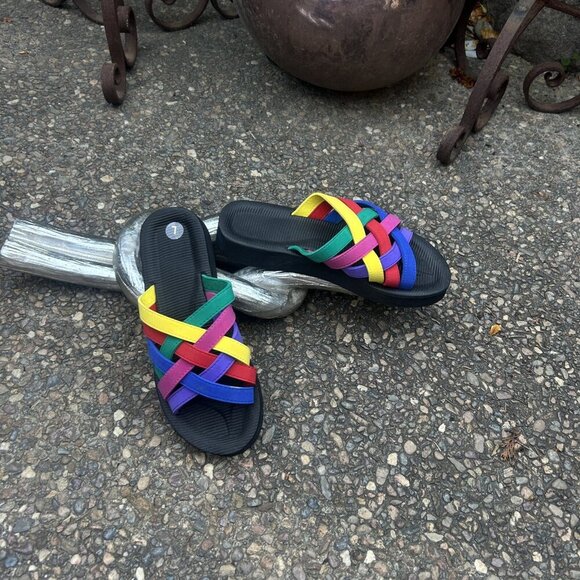 Rainbow Cross Strap Women's Beach Summer Slip On Sandals Size 7 - Picture 3 of 6